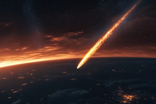 A luminous comet with a bright tail flies near the planet Earth. Space bodies.