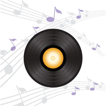 colorful illustration with vinyl record and orange label for your design