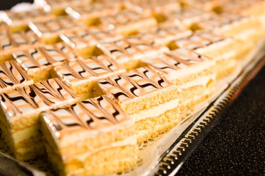 Number of honey cake pieces with tasteful decoration on tray