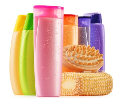 Composition with plastic bottles of body care and beauty products