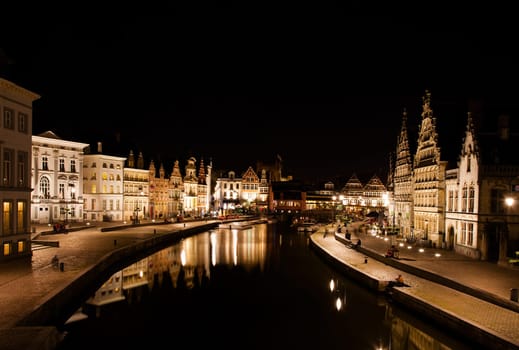 Facade of houses along the Graslei in Ghent, Belgium