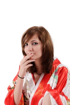 french young girl geisha in red silk kimono