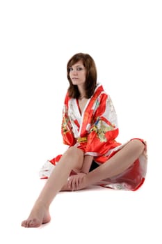 french young girl geisha in red silk kimono