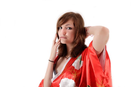 french young girl geisha in red silk kimono