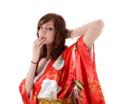 french young girl geisha in red silk kimono