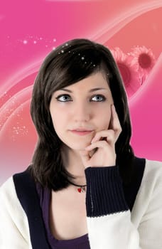 young woman thinking in pink