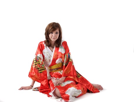 french young girl geisha in red silk kimono