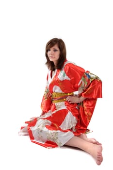 french young girl geisha in red silk kimono