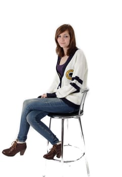 innocent young french woman on studio white background