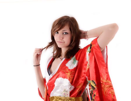 french young girl geisha in red silk kimono