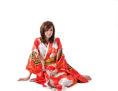 french young girl geisha in red silk kimono
