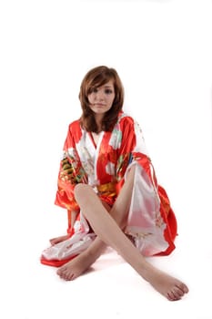 french young girl geisha in red silk kimono