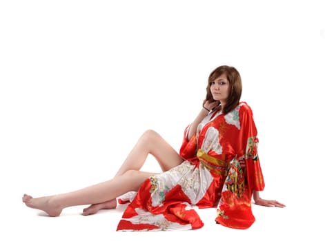 french young girl geisha in red silk kimono