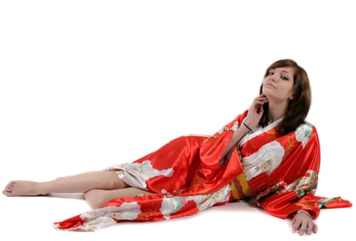 french young girl geisha in red silk kimono