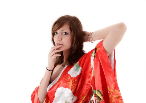 french young girl geisha in red silk kimono