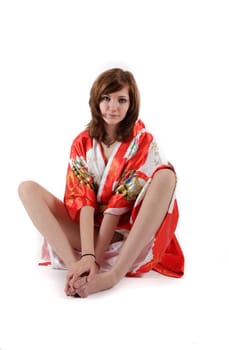 french young girl geisha in red silk kimono