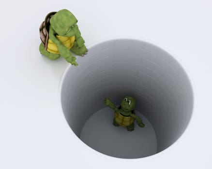 3D render of a tortoise stuck in  hole metaphor