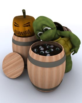 3D render of a tortoise bobbing for eyeballs in a barrel