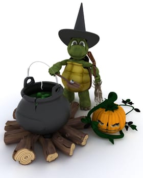 3D render of tortoise witch with cauldron of eyeballs on log fire