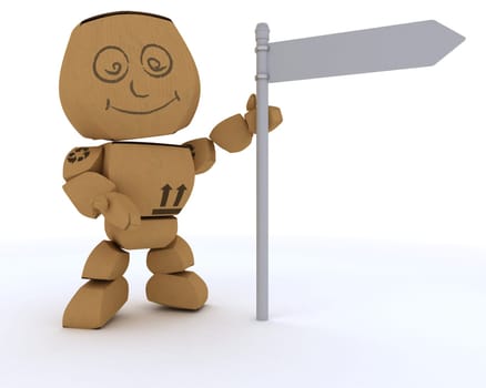 3D render of a Cardboard Box figure with blank white road sign