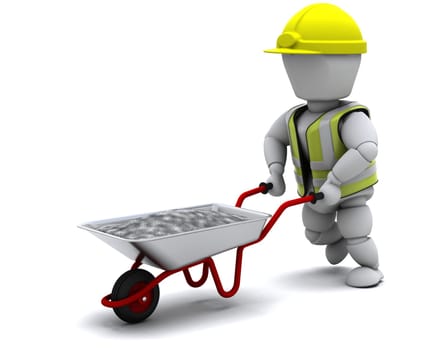 3D render of a Builder with a wheel barrow carrying cement