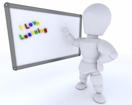 3D render of a man with White class room drywipe marker board
