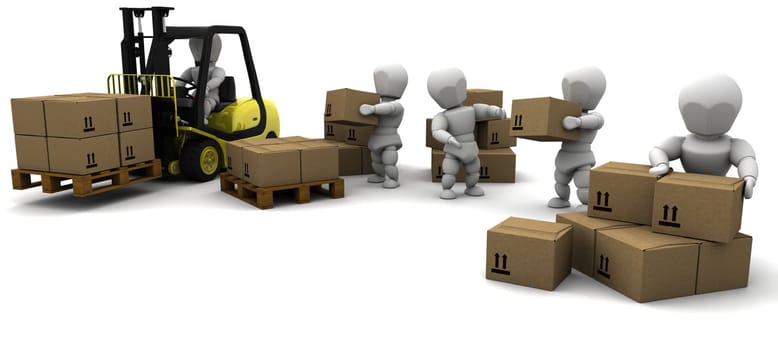 3D Render of Man Driving Fork Lift Truck Isolated on White