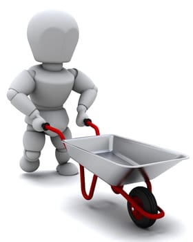 3D render of a gardener with a wheel barrow
