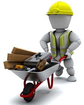 3D render of a Builder with a wheel barrow carrying tools