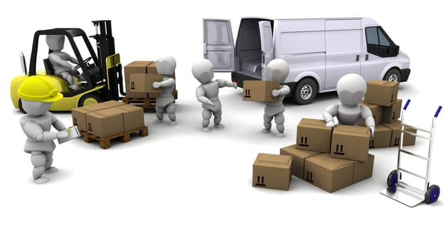 3D Render of Man Driving Fork Lift Truck Isolated on White