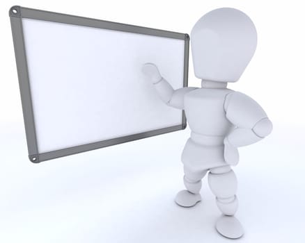 3D render of a man with White class room drywipe marker board
