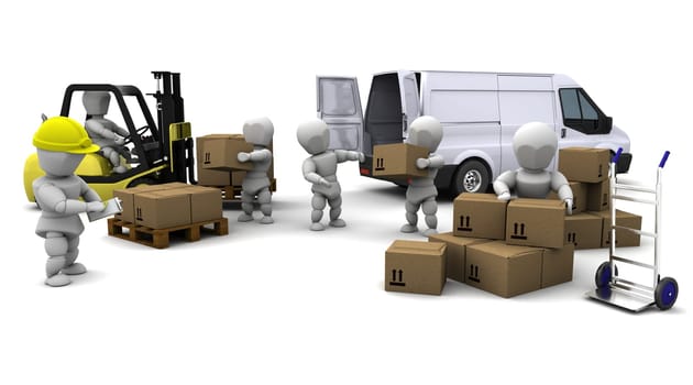 3D Render of Man Driving Fork Lift Truck Isolated on White