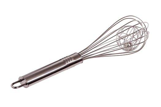 Modern ball whisk made of stainless steel insulated against a white background