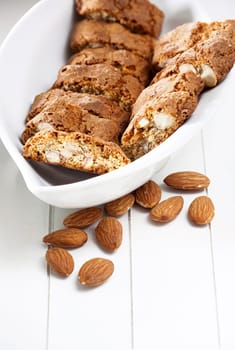 Fine cantuccini pastry in a bowl on a white tray