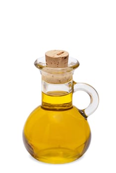 Small bottle of olive oil with cork insulated against a white background