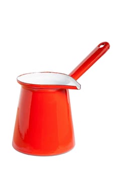 Saucepan enamel in red insulated against a white background