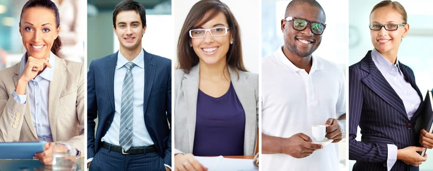 Collage of confident businesspeople in formalwear looking at camera