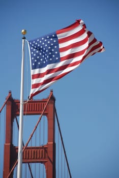 Golden Gate Bridge and American Flag