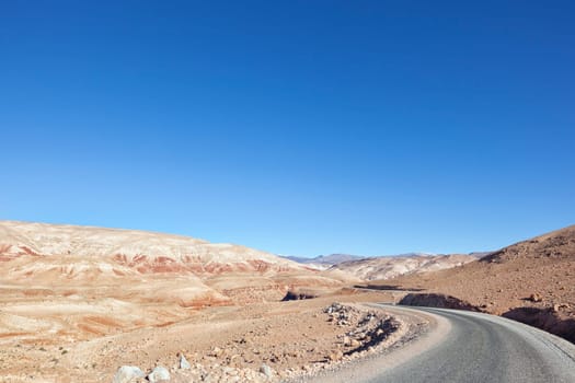 High Atlas Mountains with road in the Ounila Valley, Morocco.