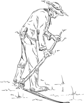 vector - farmer with a vintage scythe isolated on background