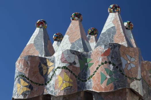 BARCELONA. APR 24: Casa Batllo. The roof is decorated with four chimney stacks, that are designed to prevent backdraughts. April 24, 2013 in Barcelona, Spain.