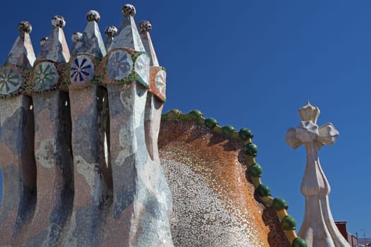 BARCELONA. APR 24: Casa Batllo. The roof is decorated with four chimney stacks, that are designed to prevent backdraughts. April 24, 2013 in Barcelona, Spain.