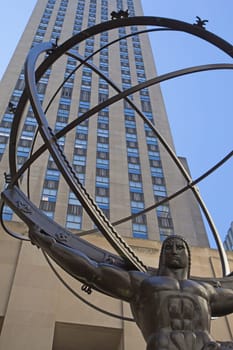 NEW YORK CITY - SEP 19: Atlas is a bronze statue in front of Rockefeller Center in midtown Manhattan. It was created by sculptors Lee Lawrie and Rene Paul Chambellan, and it was installed in 1937.September 19, 2012  in Manhattan, New York City.