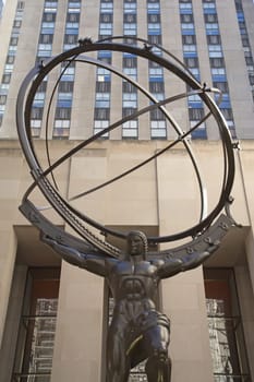 NEW YORK CITY - SEP 19: Atlas is a bronze statue in front of Rockefeller Center in midtown Manhattan. It was created by sculptors Lee Lawrie and Rene Paul Chambellan, and it was installed in 1937.September 19, 2012  in Manhattan, New York City.