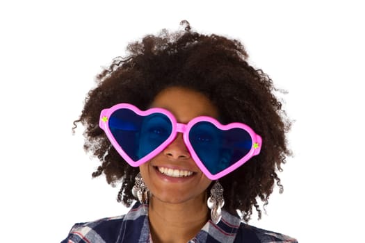 Young African-American woman with funny sunglasses - exposed on white background