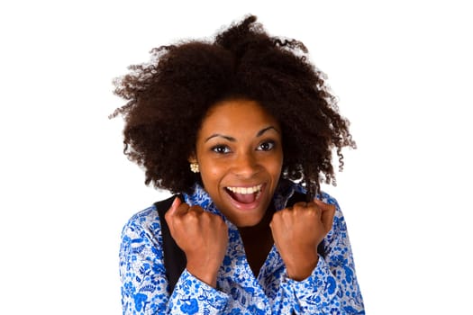 Laughing African-American woman exposed on white background