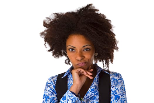 Skeptical African-American woman - exposed on white background