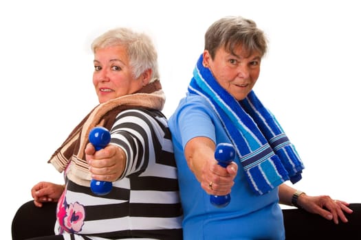 Senior citizens with dumbbells - cropped on white background