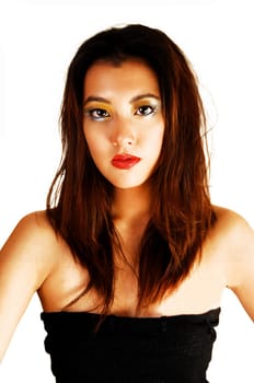 A closeup portrait of a gorgeous chinese woman with makeup, red lips and brunette hair for white background.