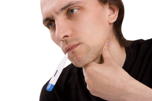 The person with the thermometer in a mouth keeps for a sick throat